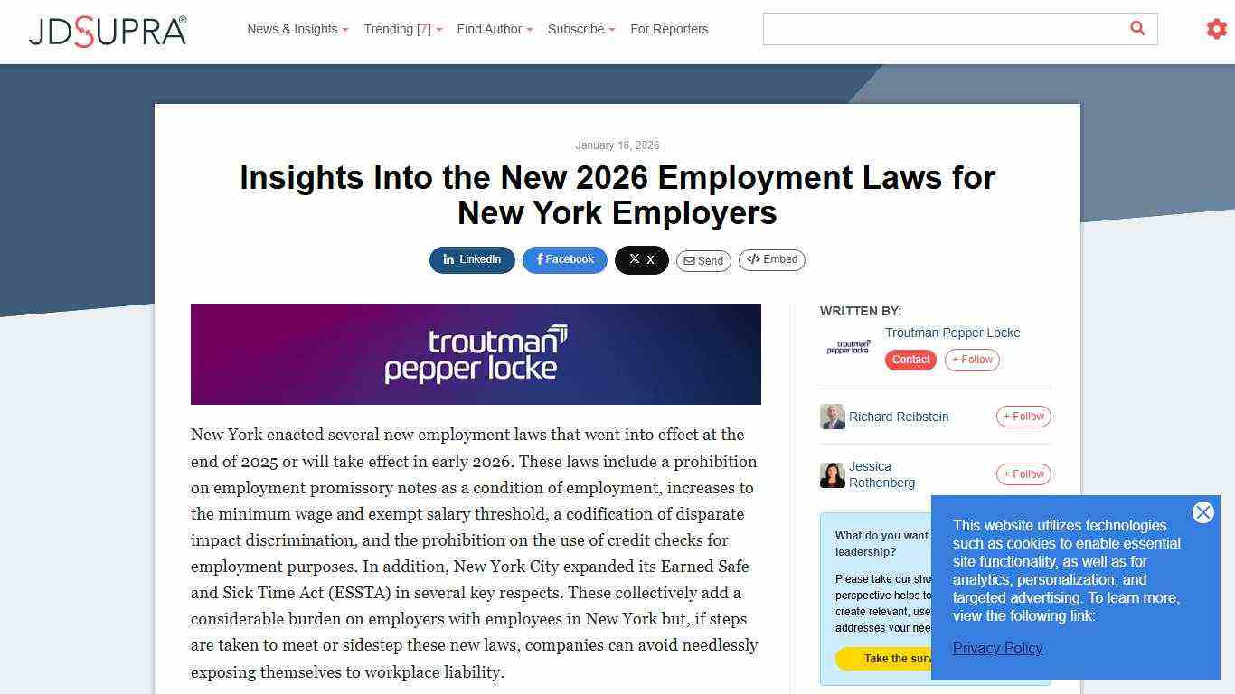 Insights Into the New 2026 Employment Laws for New York Employers | Troutman Pepper Locke - JDSupra
